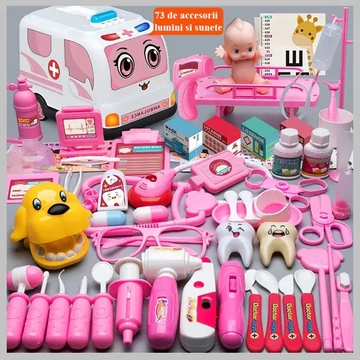 PROCART Detská lekárska súprava, 73 dielov, stetoskop, injekcia, sanitka, svetlá a zvuky, ružová 839-023-PINK