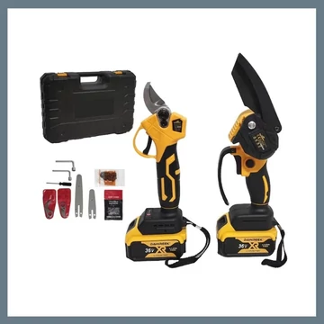 THO M-9034 Akumulátorová mini reťazová píla a súprava akumulátorových nožníc na prerezávanie, 2 x 36V batéria, žlto-čierna M-9034