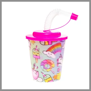 Plastový pohár so slamkou a viečkom, jednorožec – 8171