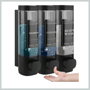 Nástenný dávkovač na mydlo a šampón s 3 priehradkami, čierny
