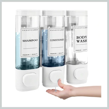 Nástenný dávkovač na tekutý šampón a sprchový gél – 2 priehradky, biely dizajn 41285321w
