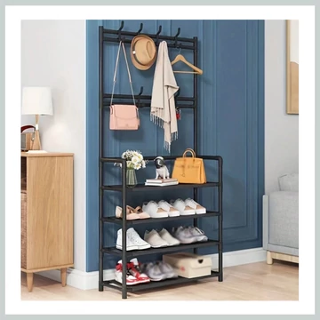 4-úrovňový stojan na topánky s vešiakmi čierny 48003502
