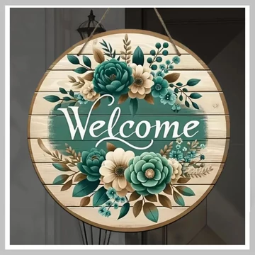 Pôvabná drevená uvítacia tabuľa s kvetinovým vzorom – 20x20 cm, zavesná dekorácia – NA174146