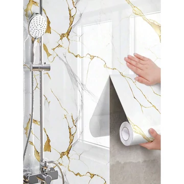 1 Rolka Vodotesná Tapeta s Pozláteným Mramorovým Vzorom, 45x500 cm, Biela 35703384-F