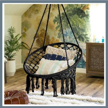 Ručne tkané bohémske hojdacie kreslo – čierne, ozdobené strapcami, na vonkajšie aj vnútorné použitie 58031171