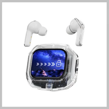 AirMaximo – Biele bezdrôtové slúchadlá s nabíjacím puzdrom a LCD displejom holm0669