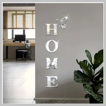5-dielna 3D akrylová zrkadlová nástenná dekorácia „HOME” s motýlikom YD448707