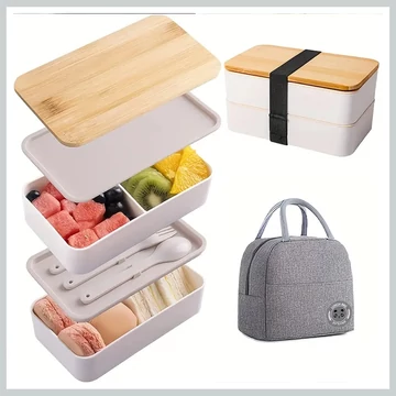 Viacvrstvová obedová dóza s bambusovým vekom a taškou – biela ND1306058