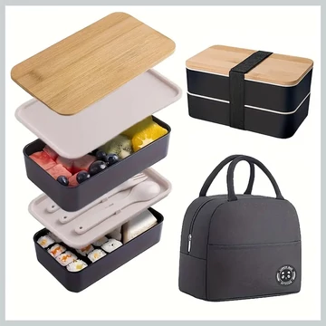 Viacvrstvová obedová dóza s bambusovým vekom a taškou – biela/čierna ND1306058ff