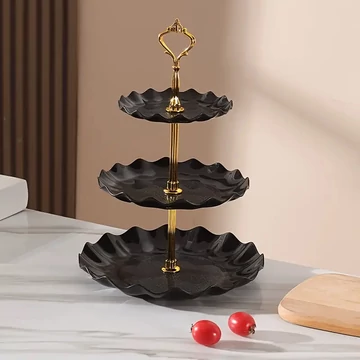 Trojposchodový čierny servírovací stojan so zlatou konštrukciou QL1266800-f