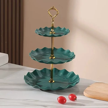 Trojposchodový zelený servírovací stojan so zlatou konštrukciou QL1266800-z