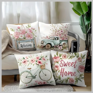 Súprava 4 obliečok na vankúše – jarné a letné motívy, ružové kvety, „Sweet Home“ GJ911337