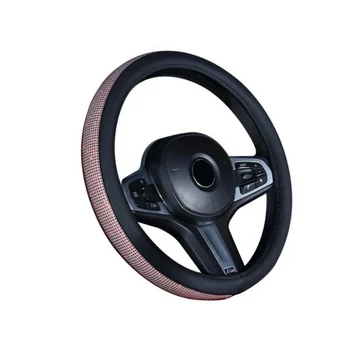 Ochranný poťah na volant | so strassovými kamienkami | čierny kožený lem | svetloružový | 38 cm SLH5936