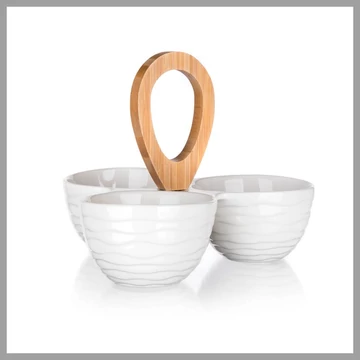 Okrúhle delené porcelánové misky s bambusovým stojanom, 24 x 24 x 18,5 cm