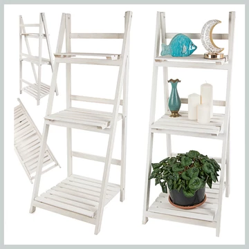 Biely drevený stojan na kvety, skladací, 3-poschodový – 27396_B