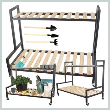 Pojazdný dvojúrovňový stojan na kvety s kovovým rámom a drevenými policami – 27398_CZ