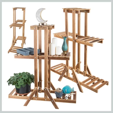 Viacúrovňový drevený stojan na kvety s asymetrickým dizajnom – 27399