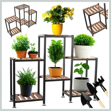 Kovovo-drevený stojan na kvety so stupňovitým usporiadaním, 6-polícový – 27401