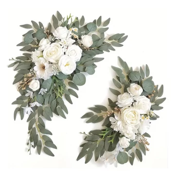 Dekoračný set zo saténových kvetov – 2 ks s bielymi kvetmi a zelenými listami BV37768