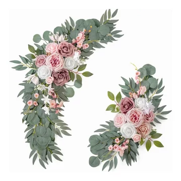 Dekoračný set zo saténových kvetov – 2 ks, s ružovo-bielymi kvetmi a zelenými listami XW1496408