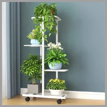 Vnútorný/vonkajší kovový kvetinový stojan na kolieskach – 4 úrovne, biely AF122560-b