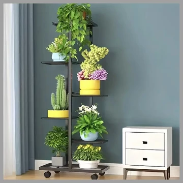 Vnútorný/vonkajší kovový kvetinový stojan na kolieskach – 6 úrovní, čierny – AF122560-c