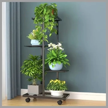 Vnútorný/vonkajší kovový kvetinový stojan na kolieskach – 4 úrovne, čierny AF122560