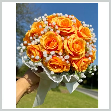 Svadobná kytica - oranžové umelé kvety so saténovou stuhou 39965718o