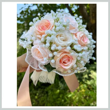 Svadobná kytica - biela a ružová, umelé kvety, saténová stuha 39965718p