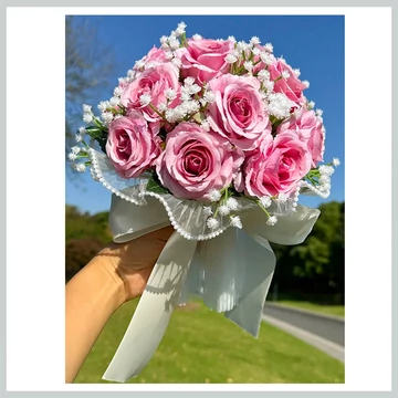 Svadobná svadobná kytica - ružové umelé kvety so saténovou stuhou 39965718pi