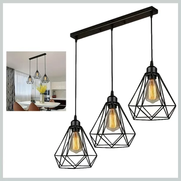 Závesné loft retro svietidlo s 3 žiarovkami – čierny kovový rám KR1500199