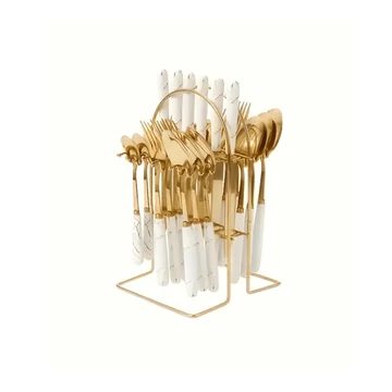 Súprava príborov so stojanom – biely mramorový vzor, 24 kusov – 74206608-feher