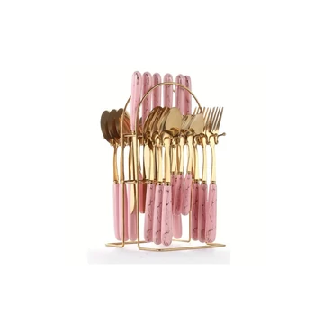 Súprava príborov so stojanom – ružový mramorový vzor, 24 kusov – 74206608-pink