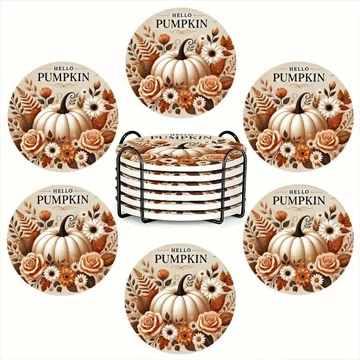 6-dielna jesenná súprava keramických podložiek – s motívom tekvíc a kvetov PU2393247