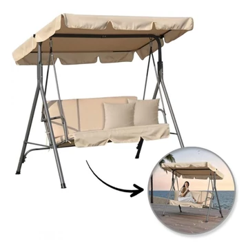 Záhradná hojdačka pre 3 osoby, s nastaviteľným slnečníkom a 2 vankúšmi – béžová HO01K