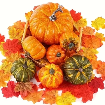 37-dielna jesenná dekoratívna sada – 7 ks umelých tekvíc + 30 ks javorových listov XL284876
