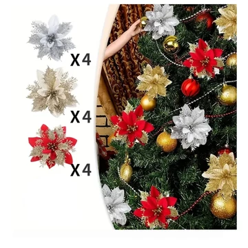 Sada umelých vianočných kvetín – 12 kusov (červená, zlatá, strieborná) – DU245918