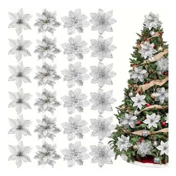 Sada vianočných kvetinových dekorácií – 24 kusov, strieborná, 14–15 cm – NV167367-3