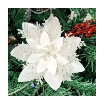 Vianočná sada trblietavých kvetinových dekorácií – 15 kusov, biela, 14 cm – VT4955153-2