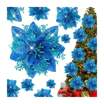 Vianočná sada ozdôb v tvare kvetov s trblietkami – 15 kusov, modrá, 14 cm – VT4955153-4