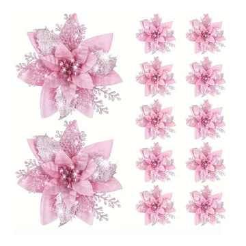 Vianočná sada kvetinových dekorácií s trblietkami – 15 kusov, ružová, 14 cm – VT4955153-5