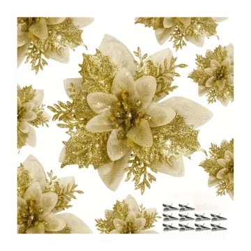Vianočná dekorácia v tvare kvetov s trblietkami – 15 kusov, zlatá, 14 cm – VT4955153