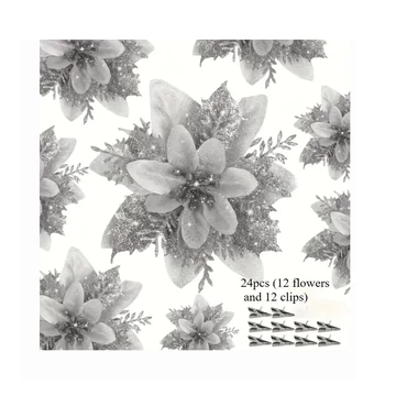 Vianočná sada trblietavých kvetinových dekorácií – 24 kusov, strieborná, 14 cm – WW4561198