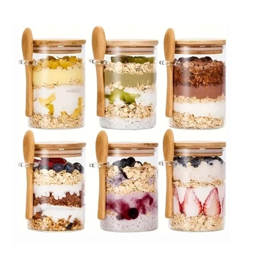 6 ks sklenených nádob s bambusovým viečkom a lyžičkou – 600 ml EL4569209-3
