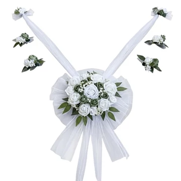 Elegantná 7-dielna svadobná výzdoba do auta – s bielymi ružami a tylovou stuhou 6GM725X84K