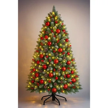 Umelý smrek so snehovým efektom, šiškami a červenými bobuľami, 150 cm NG474473-150