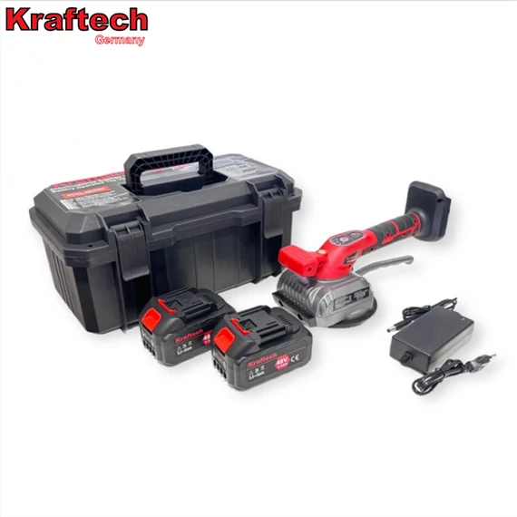 Bezdrôtový vibračný stroj na dlaždice KrafTech, 125 mm kotúč 48 V s 2 batériami KT/TIL-48xPro