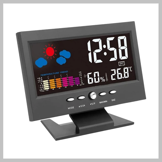 Digitálne stolové hodiny s teplomerom, meteorologickou stanicou a LCD displejom – 594192