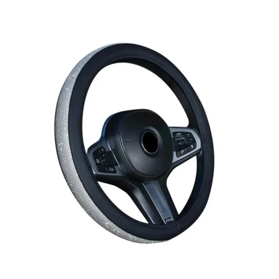 Ochranný poťah na volant | so strassovými kamienkami | sivý kožený lem | modrý | 38 cm SLH5943