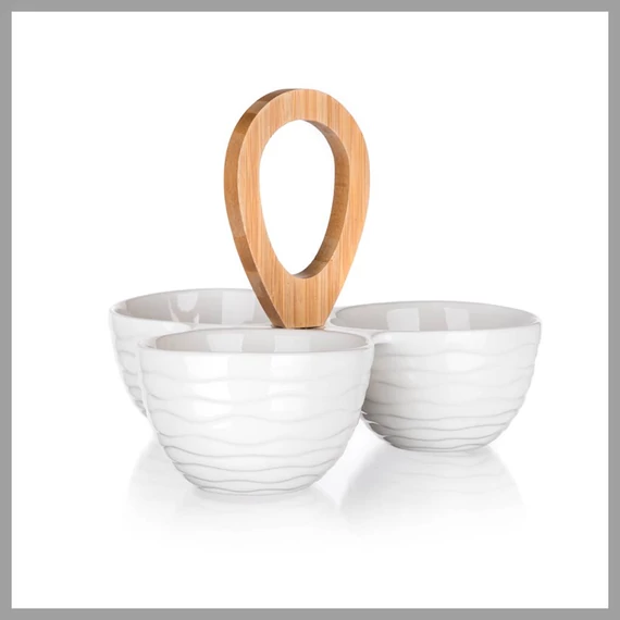 Okrúhle delené porcelánové misky s bambusovým stojanom, 24 x 24 x 18,5 cm